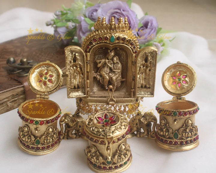 Gold alike antique polished Radha krishna carved kumkum box - Sparkle and Glow