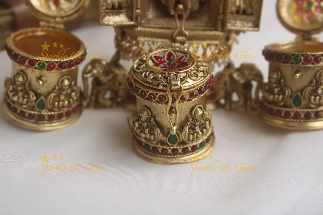 Gold alike antique polished Radha krishna carved kumkum box - Sparkle and Glow