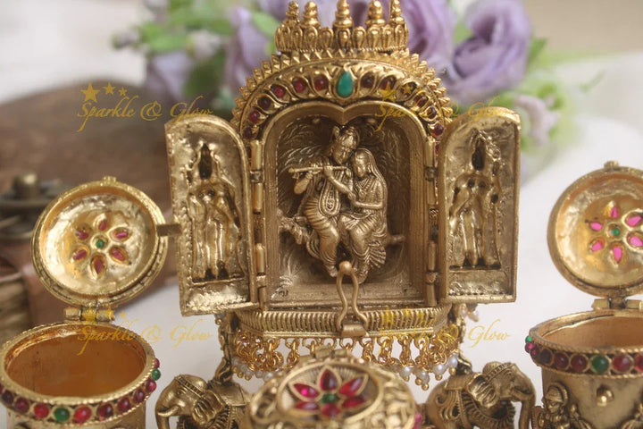 Gold alike antique polished Radha krishna carved kumkum box - Sparkle and Glow
