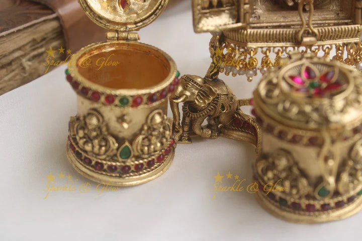 Gold alike antique polished Radha krishna carved kumkum box - Sparkle and Glow