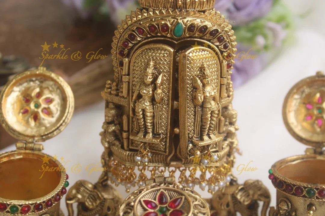 Gold alike antique polished Radha krishna carved kumkum box - Sparkle and Glow
