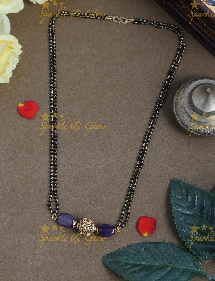 Antique black beads mangalsutra necklace - 18 inches - Violet - Sparkle and Glow