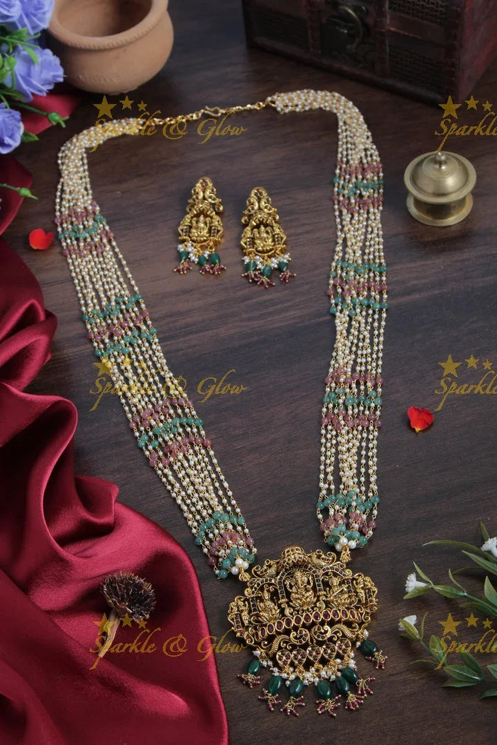 Multilayered pink green beads pearl haram with beautiful Gold alike Lakshmi Ganesha Saraswathi carved pendent - Sparkle and Glow