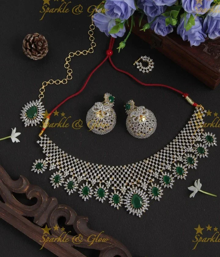 Beautiful gj polish necklace with maang tikka and earrings,nosepin - Sparkle and Glow