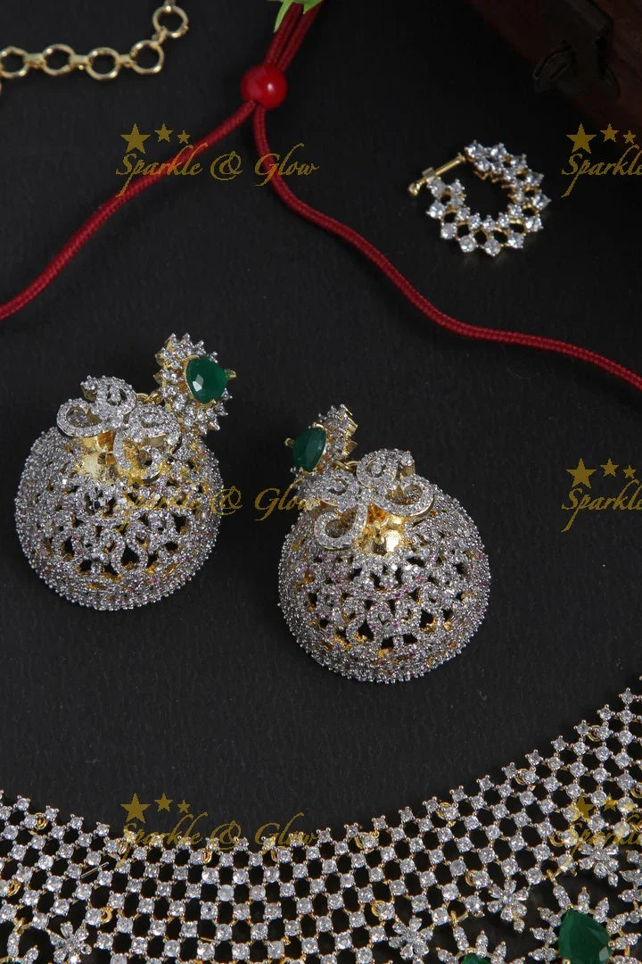 Beautiful gj polish necklace with maang tikka and earrings,nosepin - Sparkle and Glow