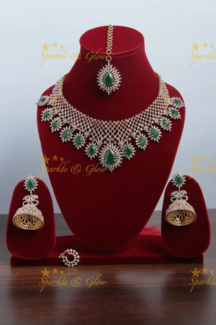 Beautiful gj polish necklace with maang tikka and earrings,nosepin - Sparkle and Glow
