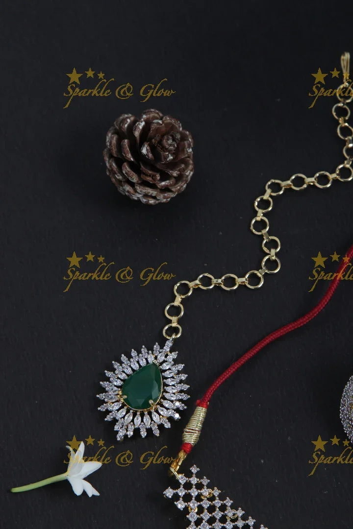 Beautiful gj polish necklace with maang tikka and earrings,nosepin - Sparkle and Glow