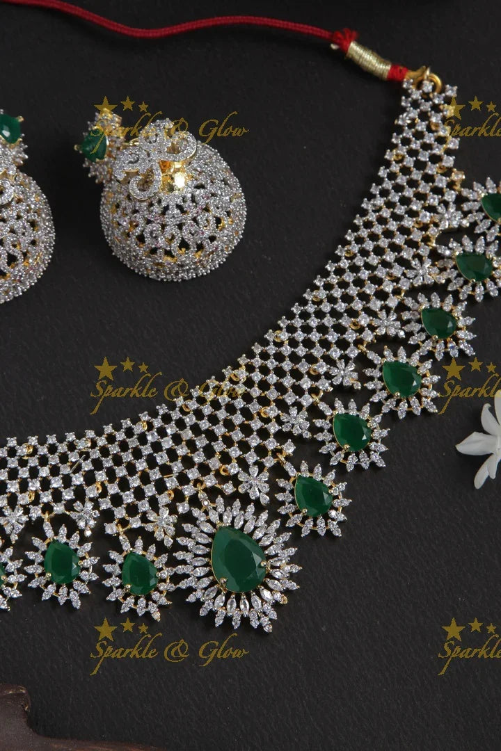 Beautiful gj polish necklace with maang tikka and earrings,nosepin - Sparkle and Glow