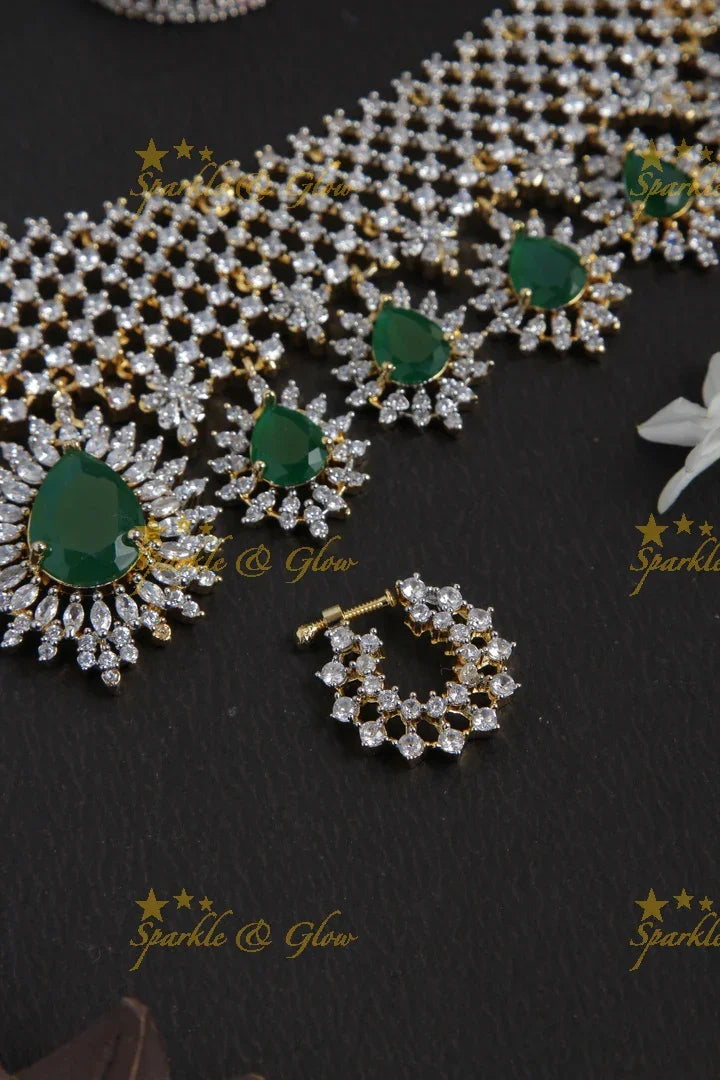 Beautiful gj polish necklace with maang tikka and earrings,nosepin - Sparkle and Glow