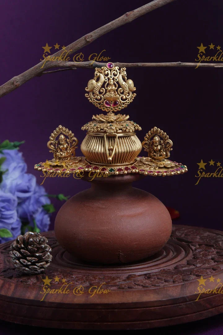 Gold alike antique polished Lakshmi carved tray design kumkum box - Sparkle and Glow