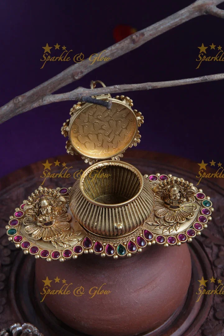 Gold alike antique polished Lakshmi carved tray design kumkum box - Sparkle and Glow