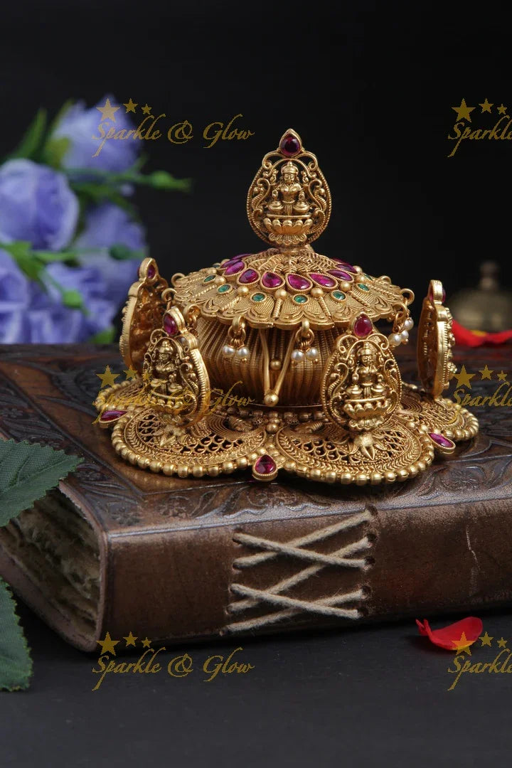Gold alike antique polished Lakshmi and temple carved kumkum box - Sparkle and Glow