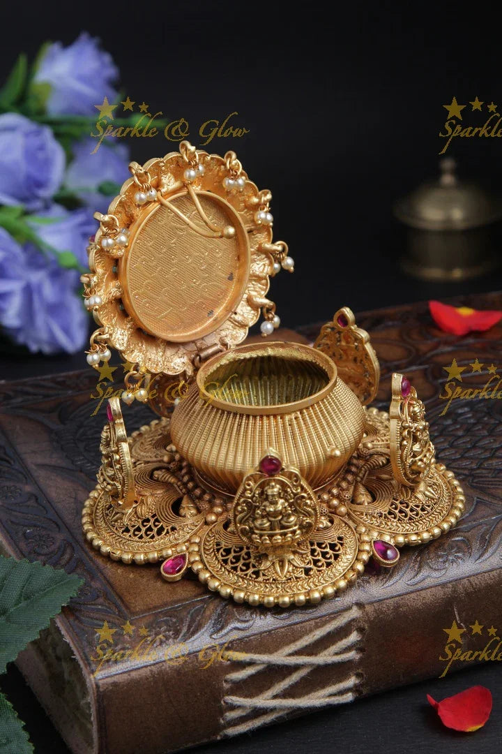 Gold alike antique polished Lakshmi and temple carved kumkum box - Sparkle and Glow