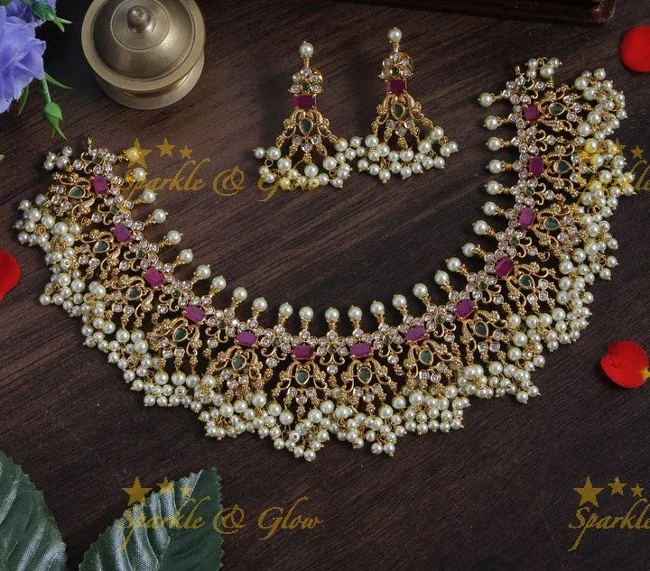 Premium Matte Peacock gutta pusalu short necklace with cz stone - Sparkle and Glow