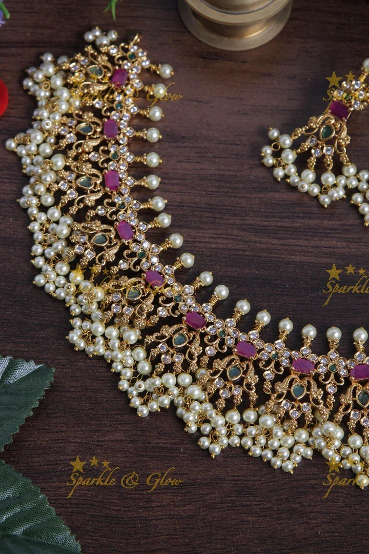 Premium Matte Peacock gutta pusalu short necklace with cz stone - Sparkle and Glow