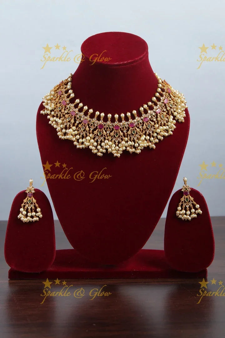 Premium Matte Peacock gutta pusalu short necklace with cz stone - Sparkle and Glow