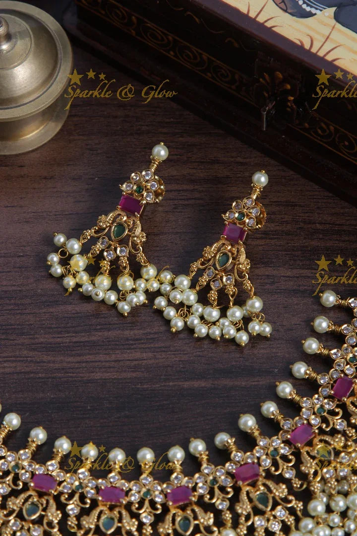 Premium Matte Peacock gutta pusalu short necklace with cz stone - Sparkle and Glow