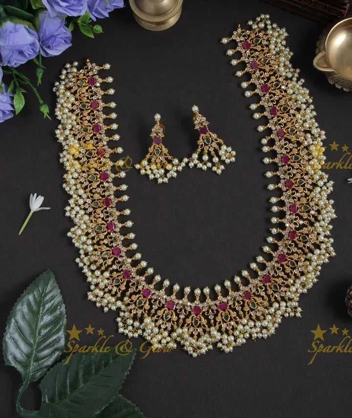 Premium Matte Peacock gutta pusalu long necklace with cz stone - Sparkle and Glow