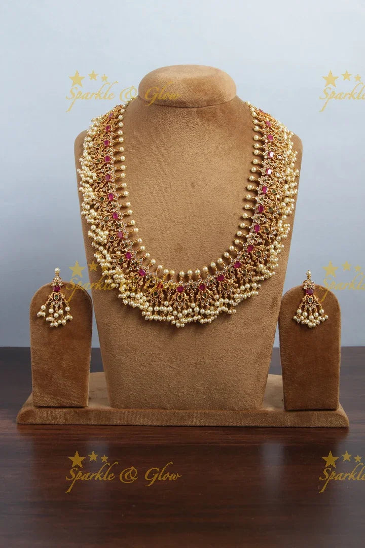 Premium Matte Peacock gutta pusalu long necklace with cz stone - Sparkle and Glow