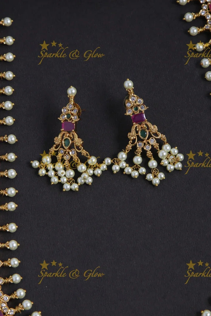 Premium Matte Peacock gutta pusalu long necklace with cz stone - Sparkle and Glow