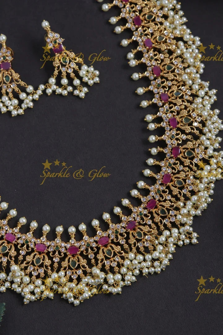 Premium Matte Peacock gutta pusalu long necklace with cz stone - Sparkle and Glow