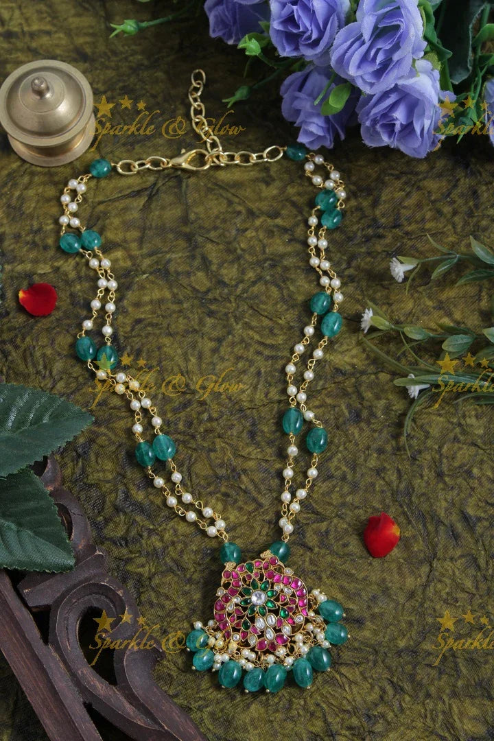 Jadau kundan peacock pearl green beads pendent chain with green beads - Sparkle and Glow
