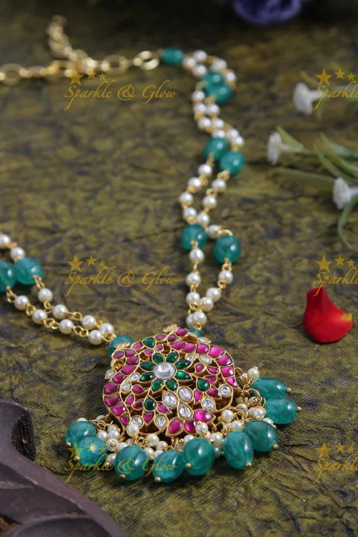 Jadau kundan peacock pearl green beads pendent chain with green beads - Sparkle and Glow
