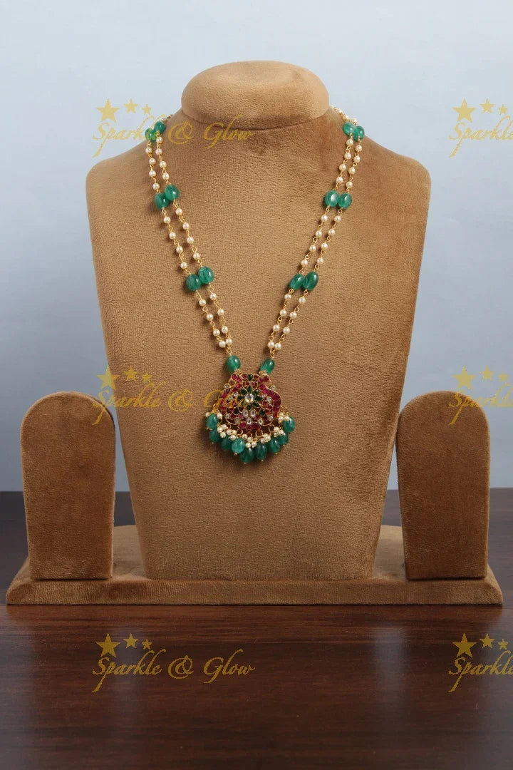 Jadau kundan peacock pearl green beads pendent chain with green beads - Sparkle and Glow