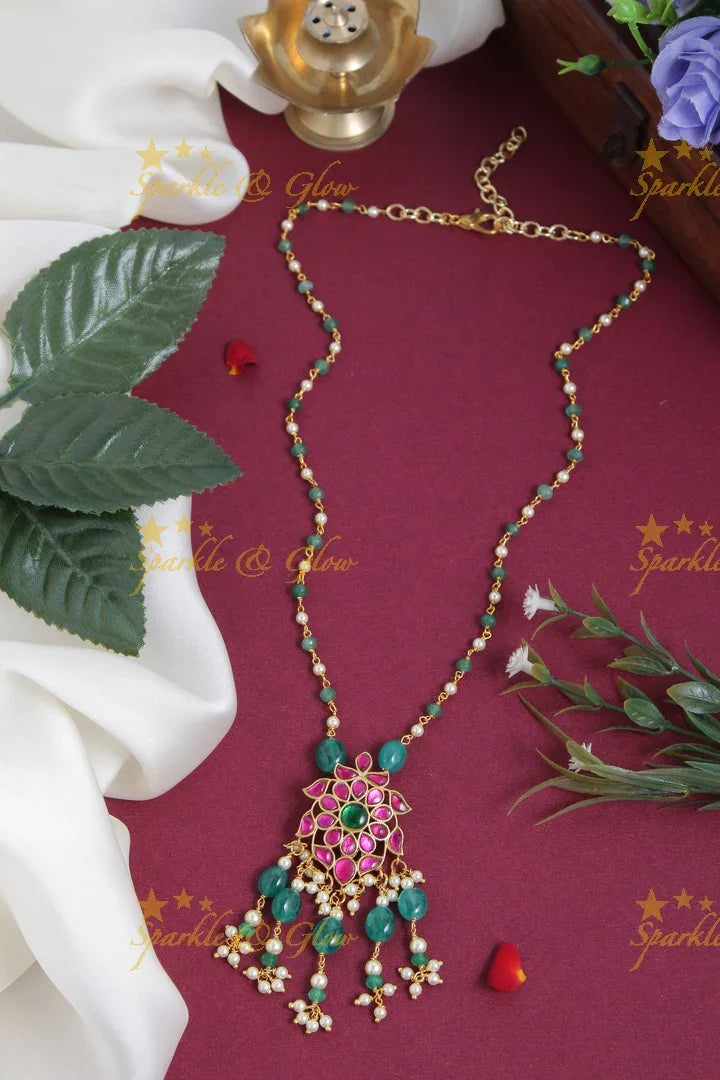 Jadau Kundan flower leaf pendent pearl chain with green beads and pearls - Sparkle and Glow