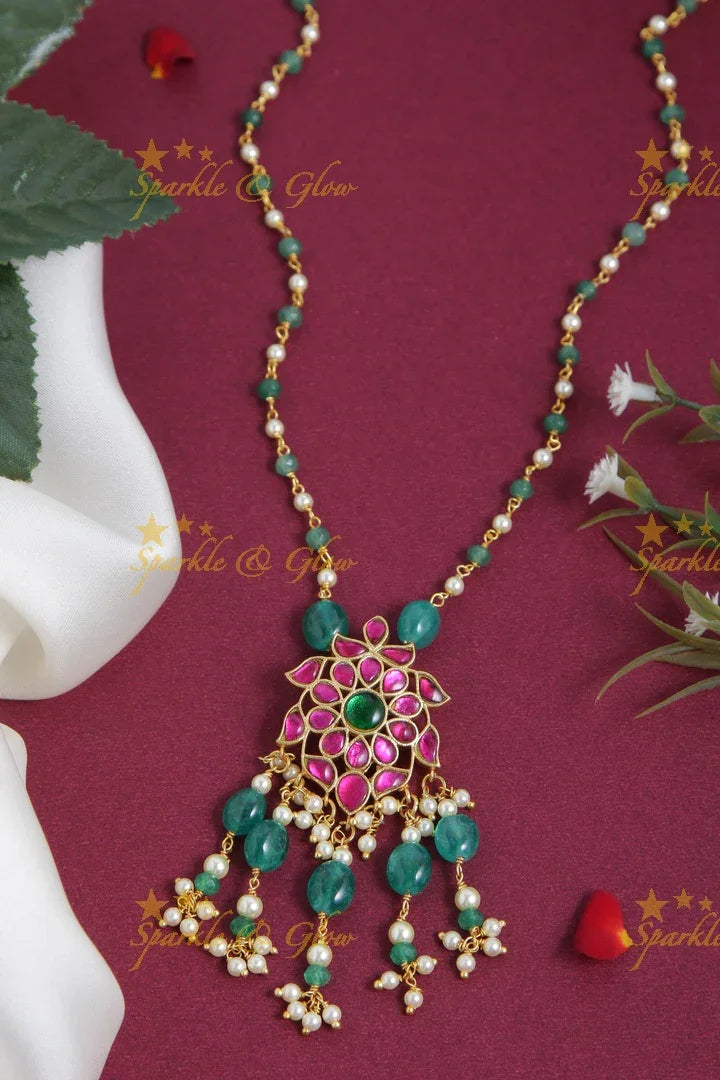 Jadau Kundan flower leaf pendent pearl chain with green beads and pearls - Sparkle and Glow