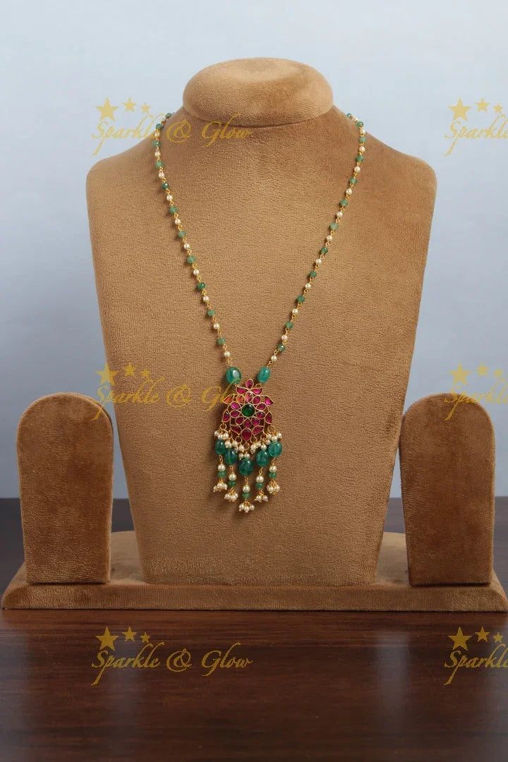 Jadau Kundan flower leaf pendent pearl chain with green beads and pearls - Sparkle and Glow