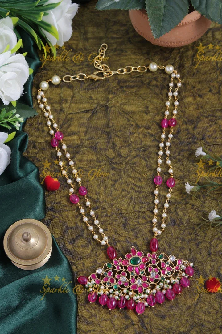 Jadau Kundan flower pendent two layer pearl chain with pearls and pink beads - Sparkle and Glow