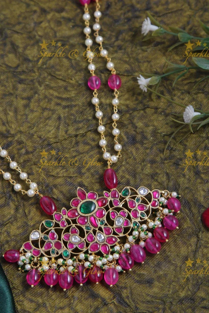 Jadau Kundan flower pendent two layer pearl chain with pearls and pink beads - Sparkle and Glow