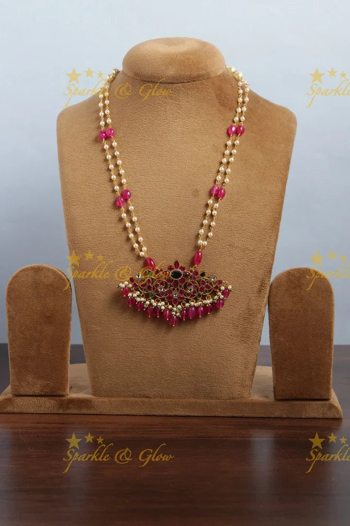 Jadau Kundan flower pendent two layer pearl chain with pearls and pink beads - Sparkle and Glow