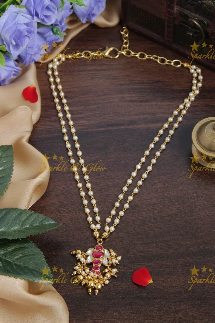 jadau kundan pendent chain with pearl and gold beads - Sparkle and Glow