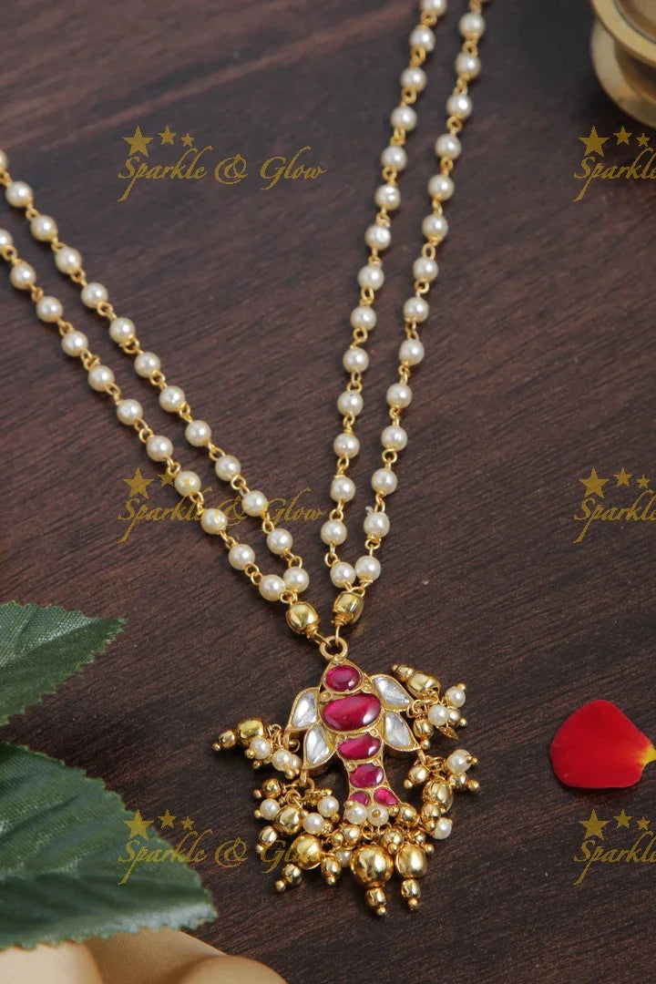 jadau kundan pendent chain with pearl and gold beads - Sparkle and Glow