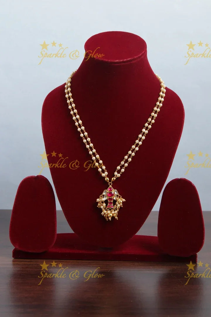 jadau kundan pendent chain with pearl and gold beads - Sparkle and Glow