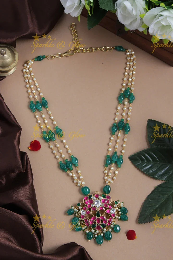 jadau kundan flower leaf pendent chain with pearl and green pumkin beads - Sparkle and Glow