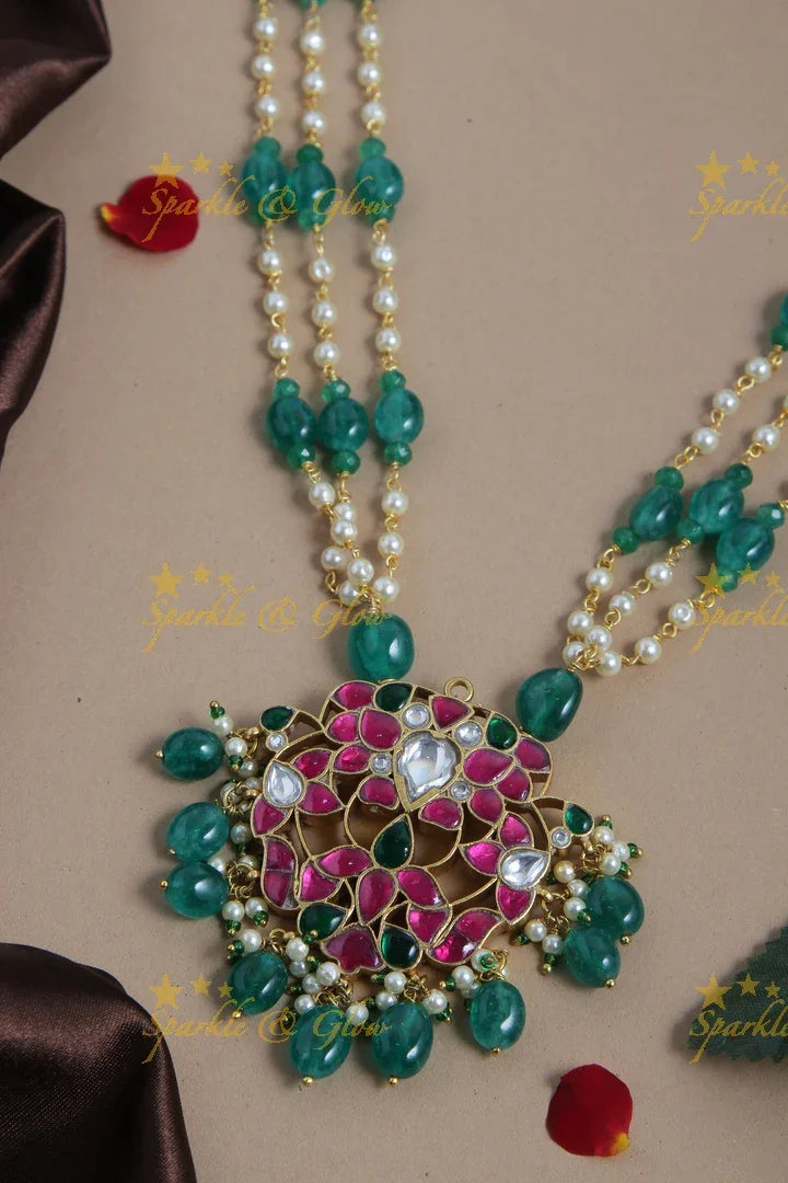 jadau kundan flower leaf pendent chain with pearl and green pumkin beads - Sparkle and Glow