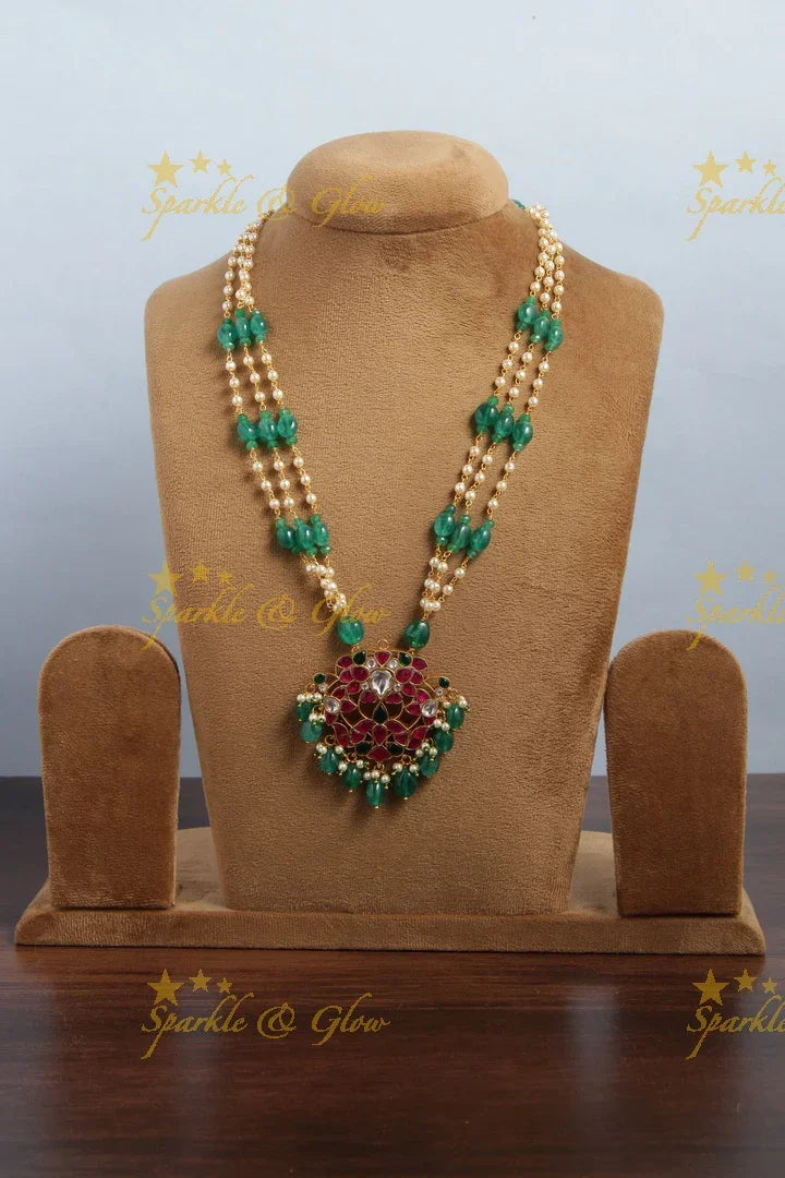 jadau kundan flower leaf pendent chain with pearl and green pumkin beads - Sparkle and Glow