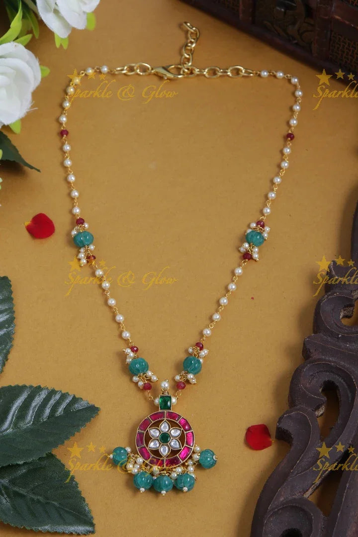jadau kundan full moon flower pendent chain with pearl and green pumkin beads - Sparkle and Glow