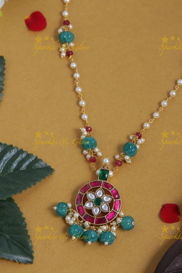 jadau kundan full moon flower pendent chain with pearl and green pumkin beads - Sparkle and Glow
