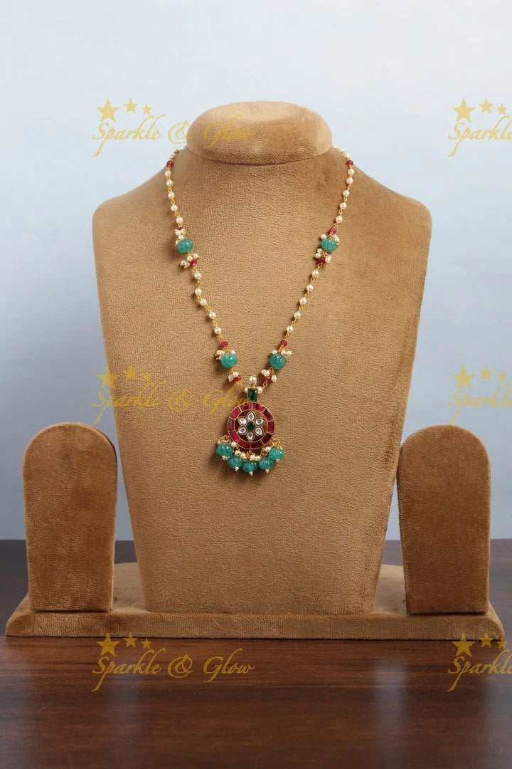 jadau kundan full moon flower pendent chain with pearl and green pumkin beads - Sparkle and Glow