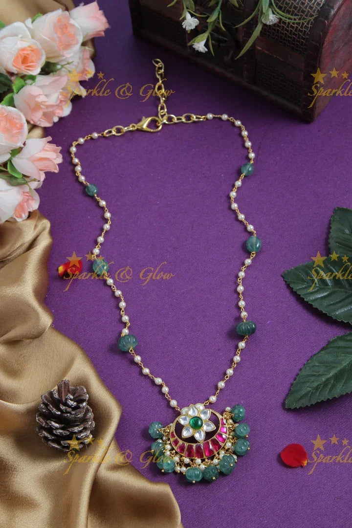 jadau kundan half moon flower pendent chain with pearl and green pumkin beads - Sparkle and Glow