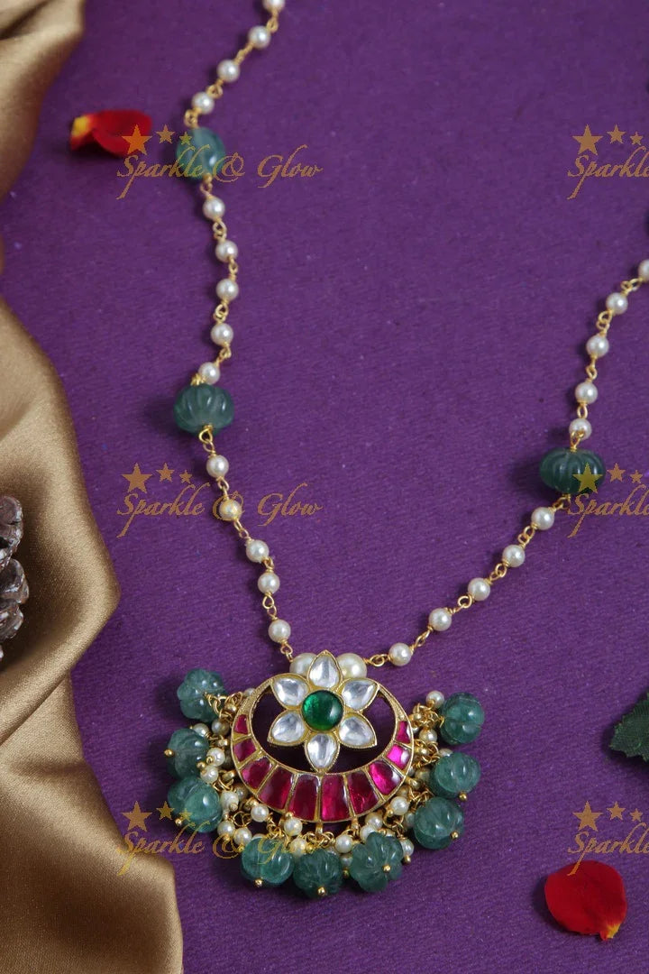 jadau kundan half moon flower pendent chain with pearl and green pumkin beads - Sparkle and Glow