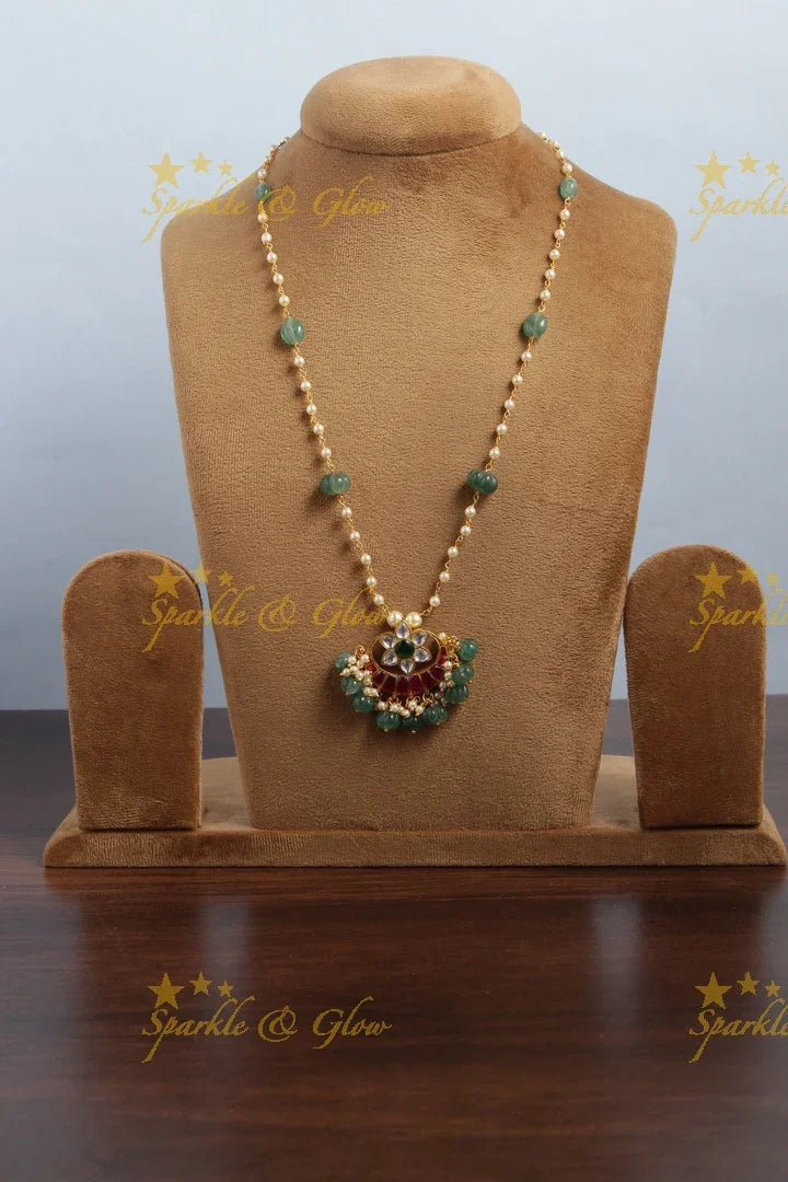 jadau kundan half moon flower pendent chain with pearl and green pumkin beads - Sparkle and Glow