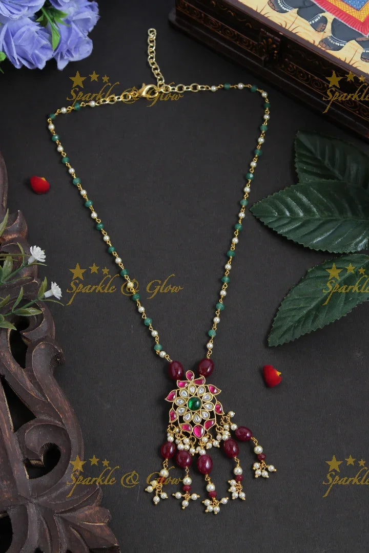jadau kundan flower pendent chain with pearl and pink pumkin beads - Sparkle and Glow