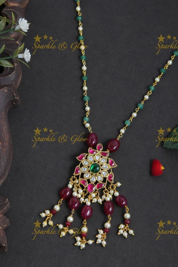 jadau kundan flower pendent chain with pearl and pink pumkin beads - Sparkle and Glow