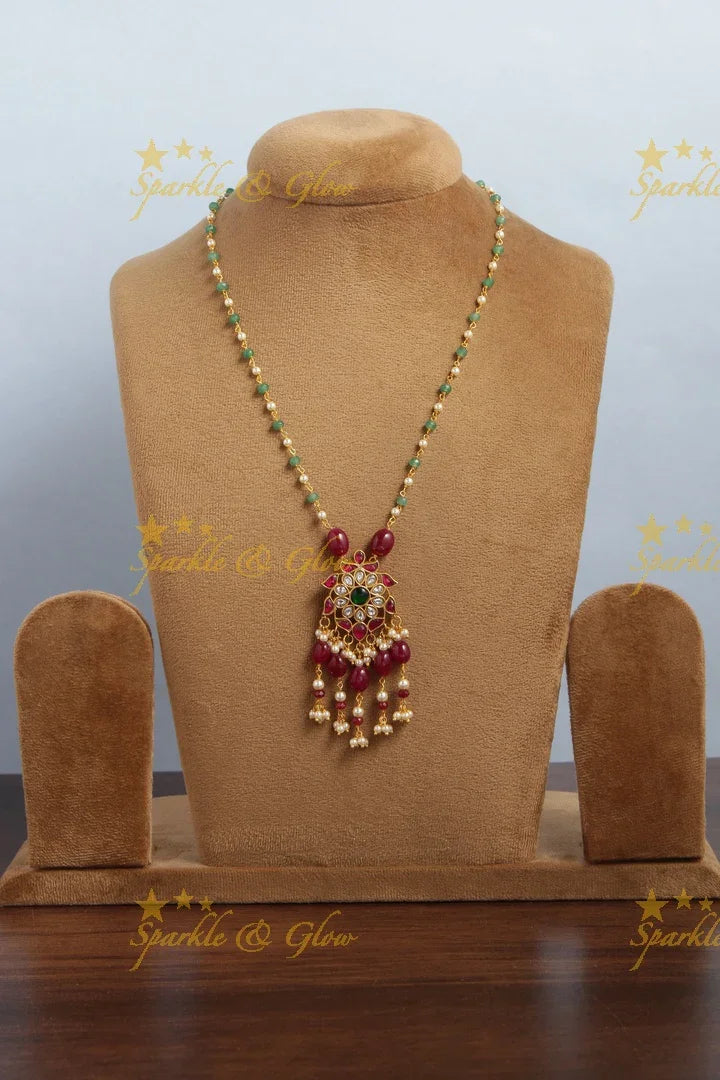 jadau kundan flower pendent chain with pearl and pink pumkin beads - Sparkle and Glow