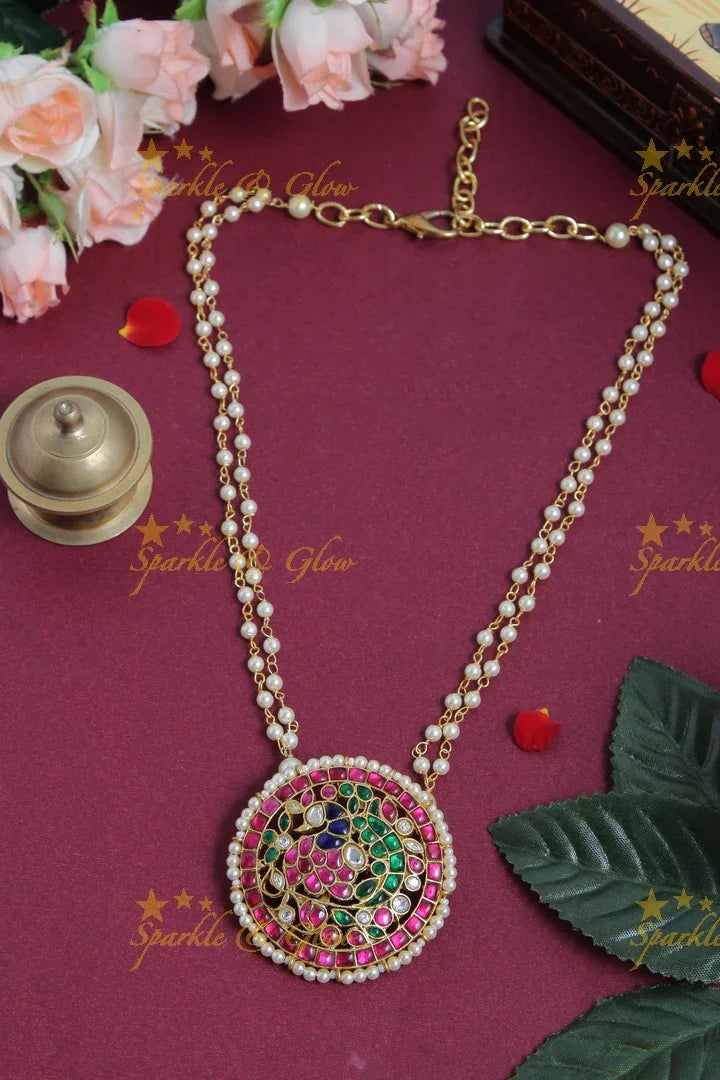 jadau kundan peacock full moon pendent chain with pearls - Sparkle and Glow